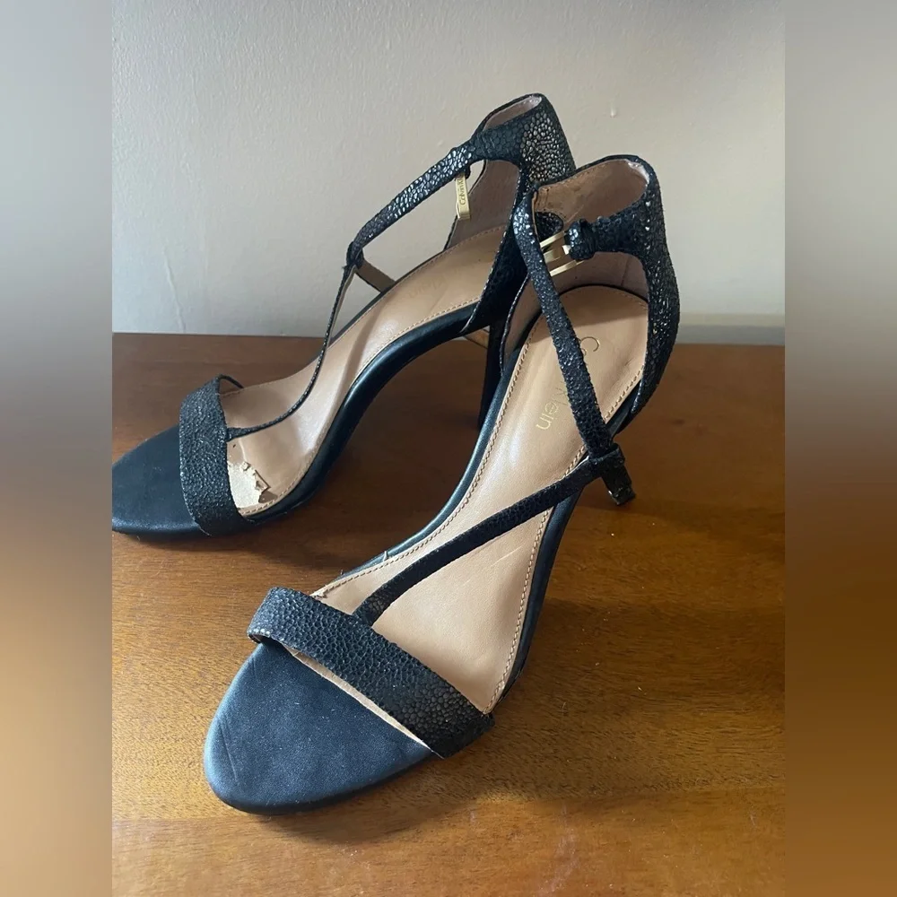 7.5 Calvin Klein Open Toe Elegant Black Strappy Heels